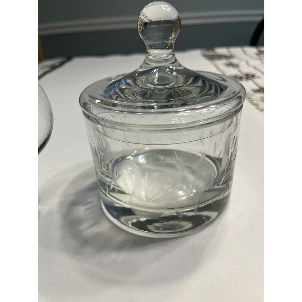 Crystal Glass Clear Etched Swans & Cattails Creamer Sugar Bowl w Lid
